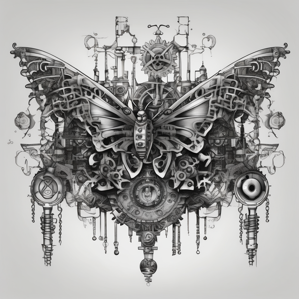 tattoo design for back spine with techno mechanical aspects representing life and eternity. sprockets gears screws levers hearts circles love universe spiral butterfly half sleeve tattoos for men, AI-generated Surreal tattoo design